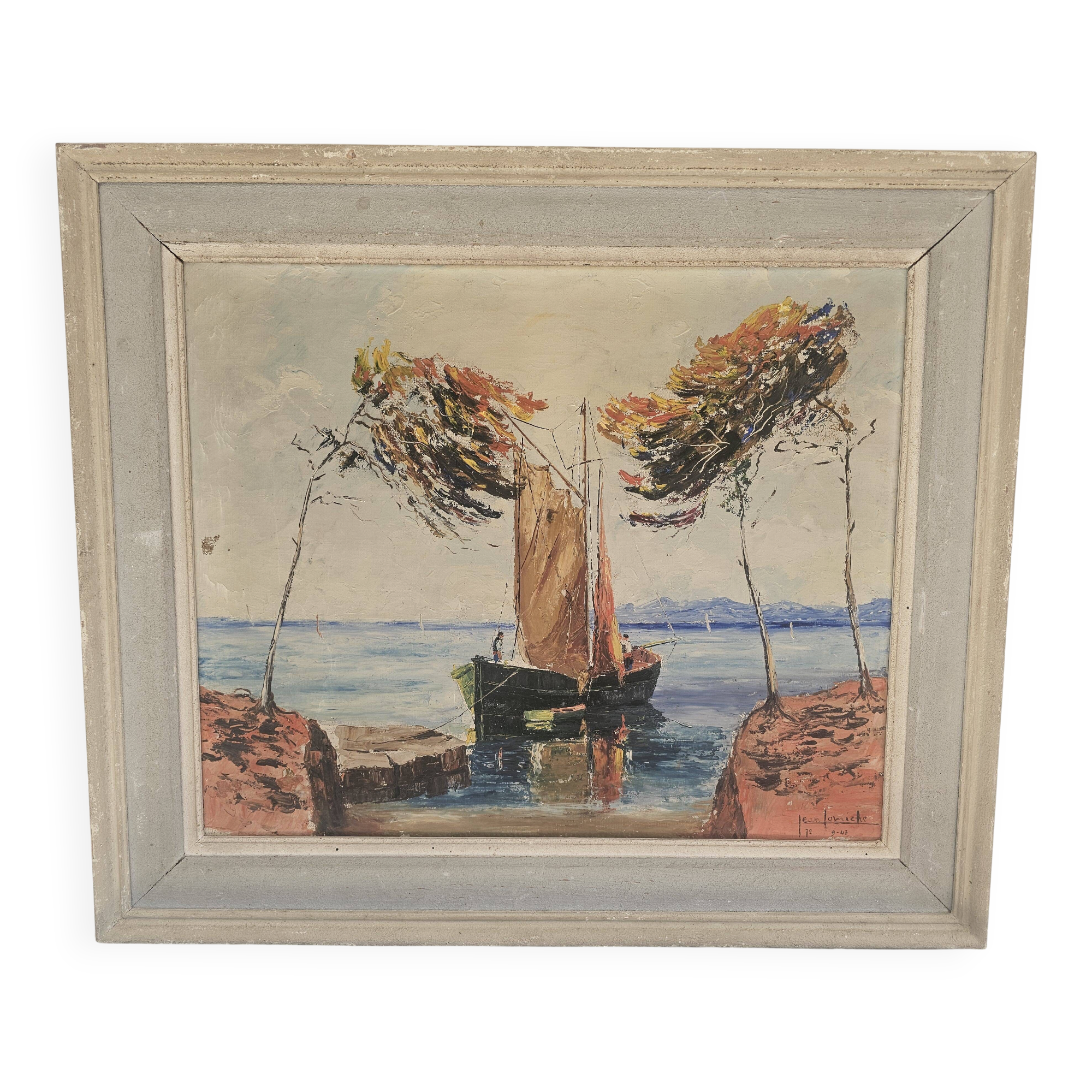 Oil Painting on Canvas Marine Boat at Sea - Signed Jean Corniche 1943