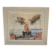 Oil Painting on Canvas Marine Boat at Sea - Signed Jean Corniche 1943