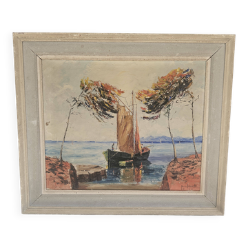 Oil Painting on Canvas Marine Boat at Sea - Signed Jean Corniche 1943