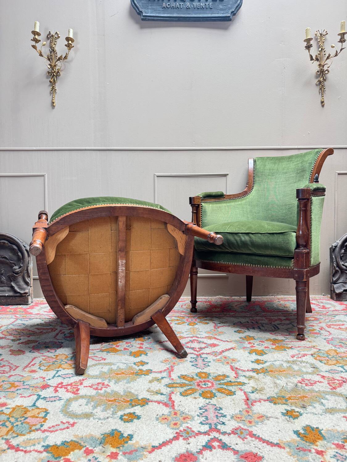 Pair of mahogany cabriolet bergère armchairs from the 18th-century Directoire period.