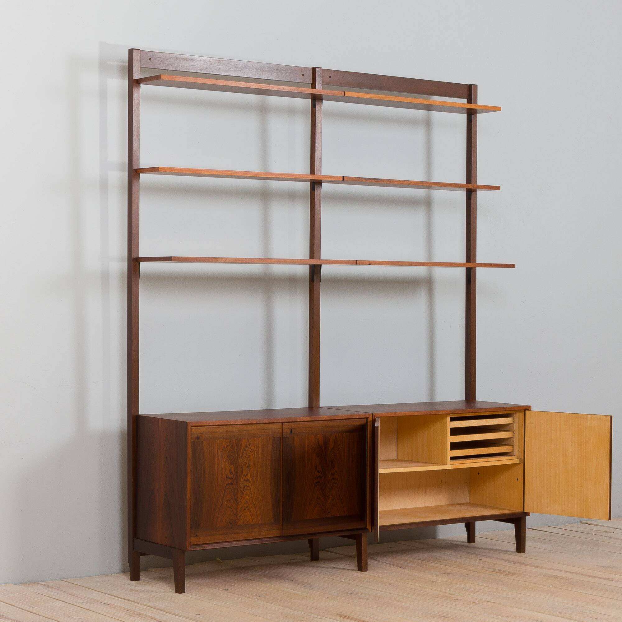 Scandinavian two bay rosewood free-standing wall unit