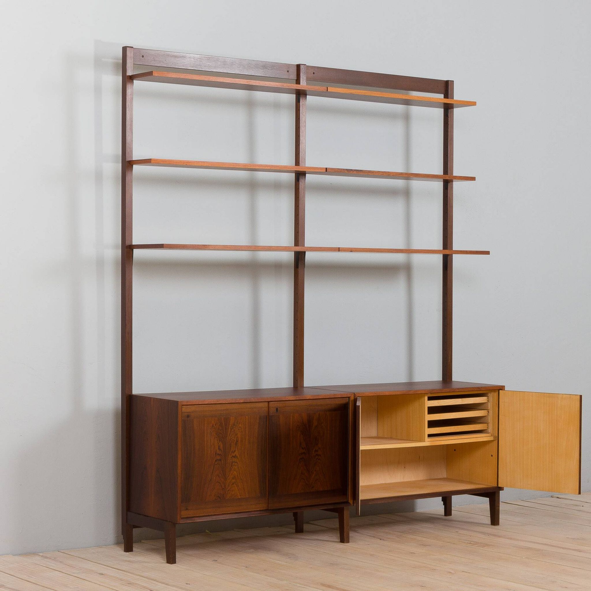 Scandinavian two bay rosewood free-standing wall unit