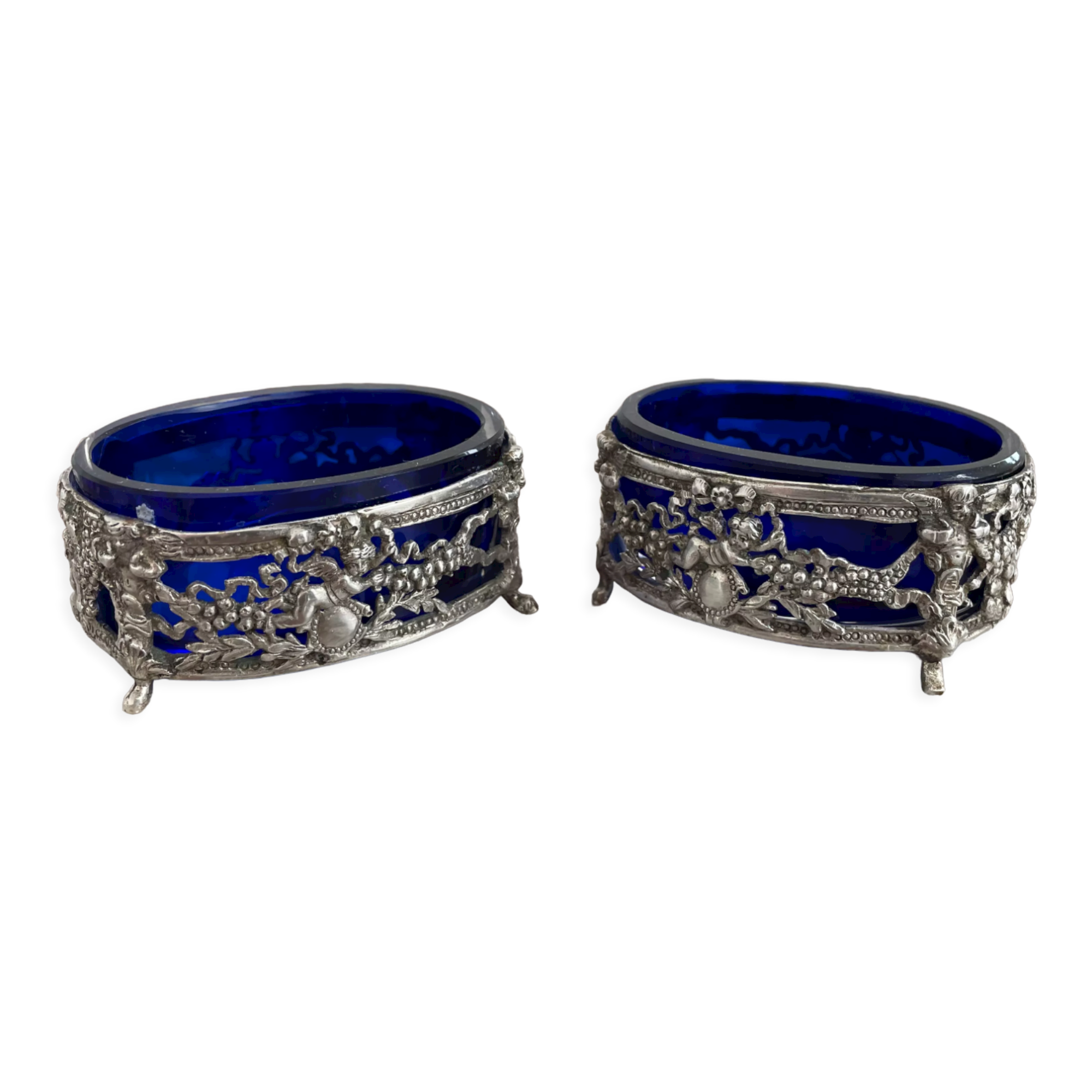 Antique, pair of salerons, silver plated, goldsmith hallmark, putti decoration, grape