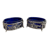 Antique, pair of salerons, silver plated, goldsmith hallmark, putti decoration, grape