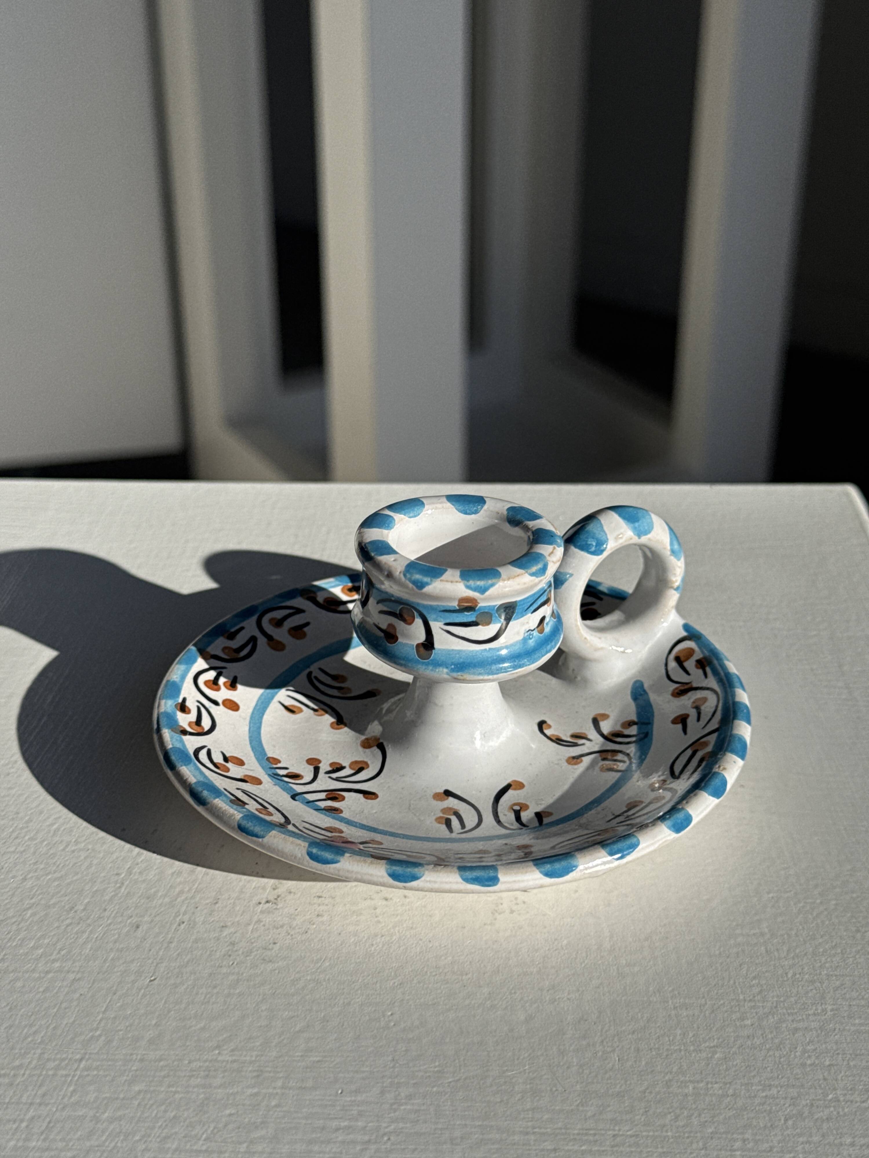 Light blue Moustiers candlestick H5 D12.5