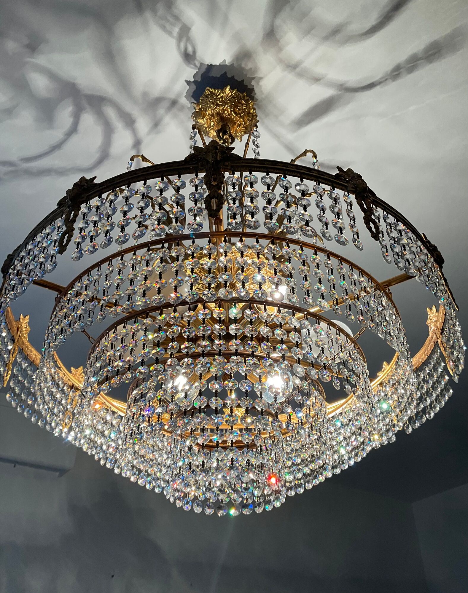 Old bronze waterfall chandelier with crystal tassels