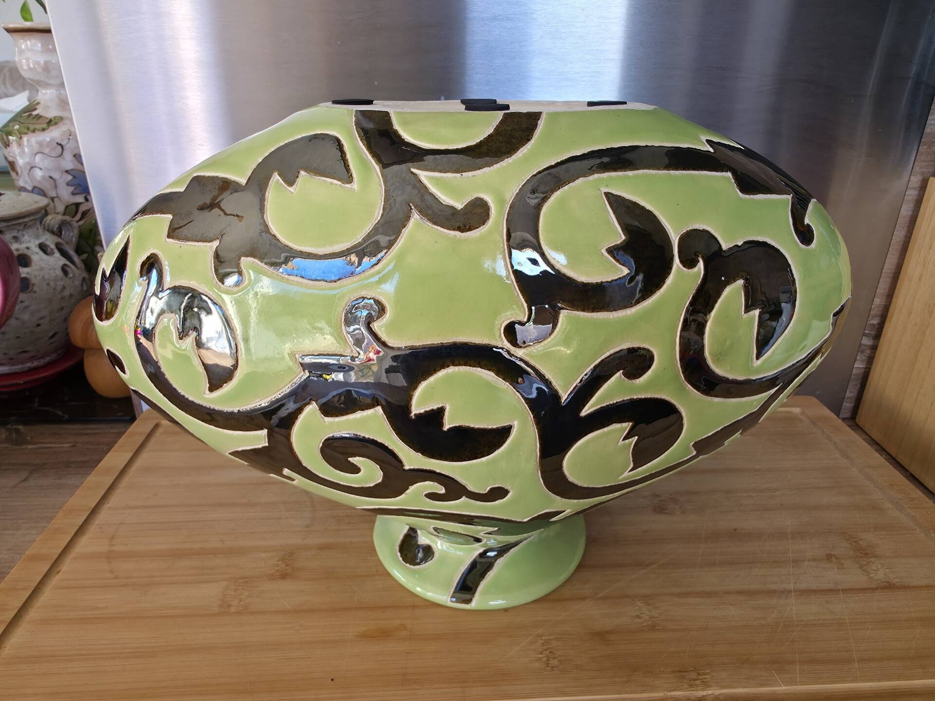 Vintage ceramic pebble vase green & black 35 cm