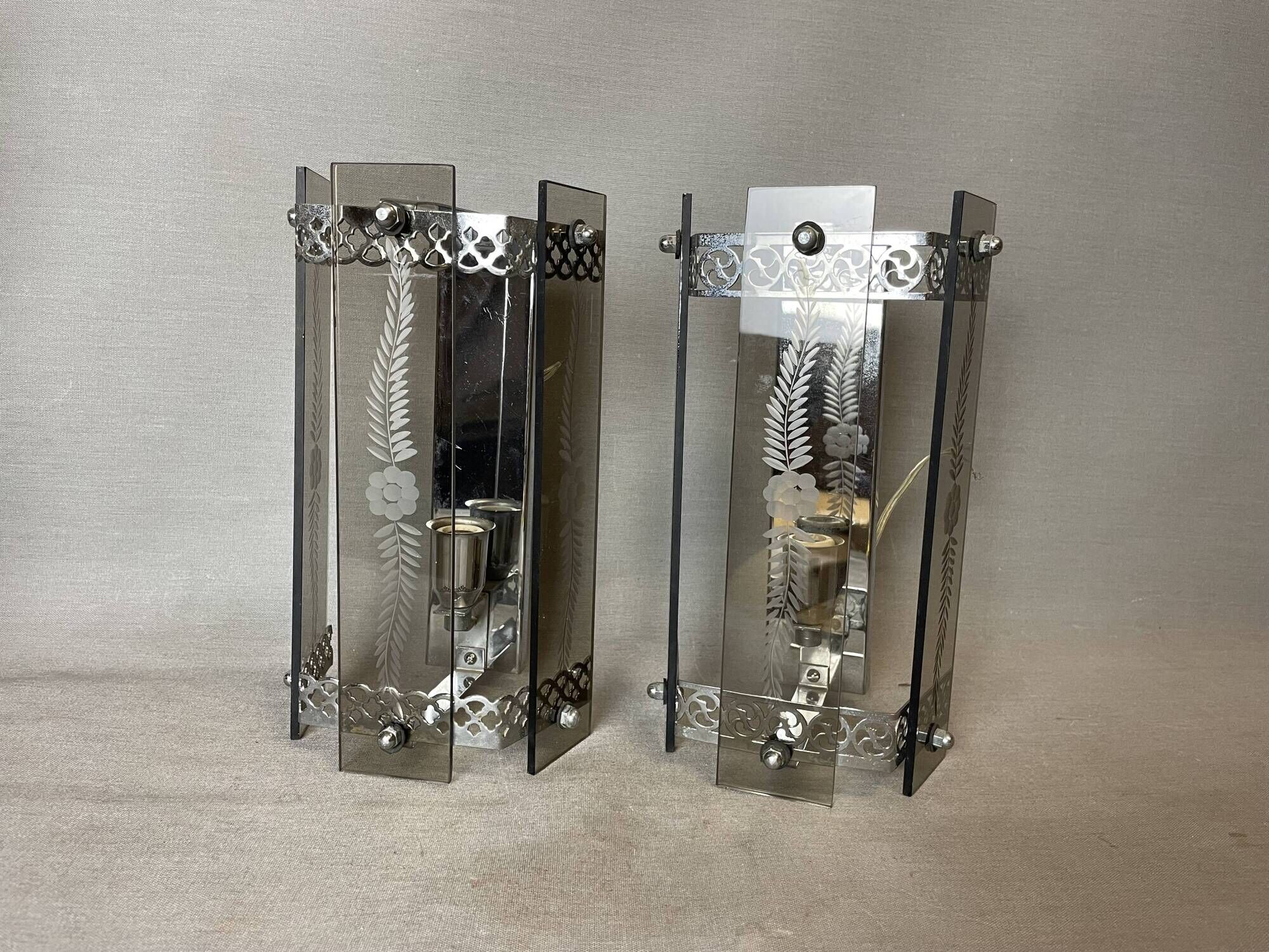 Set of 2 art deco revival smoked glass chromed  wall lamps