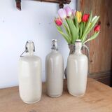 Set of 3 Old Stoneware Bottles - Triangular Shape, H 29 cm