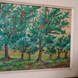 Peinture à l'huile sur panneau isorel paysage boisé signée et datée