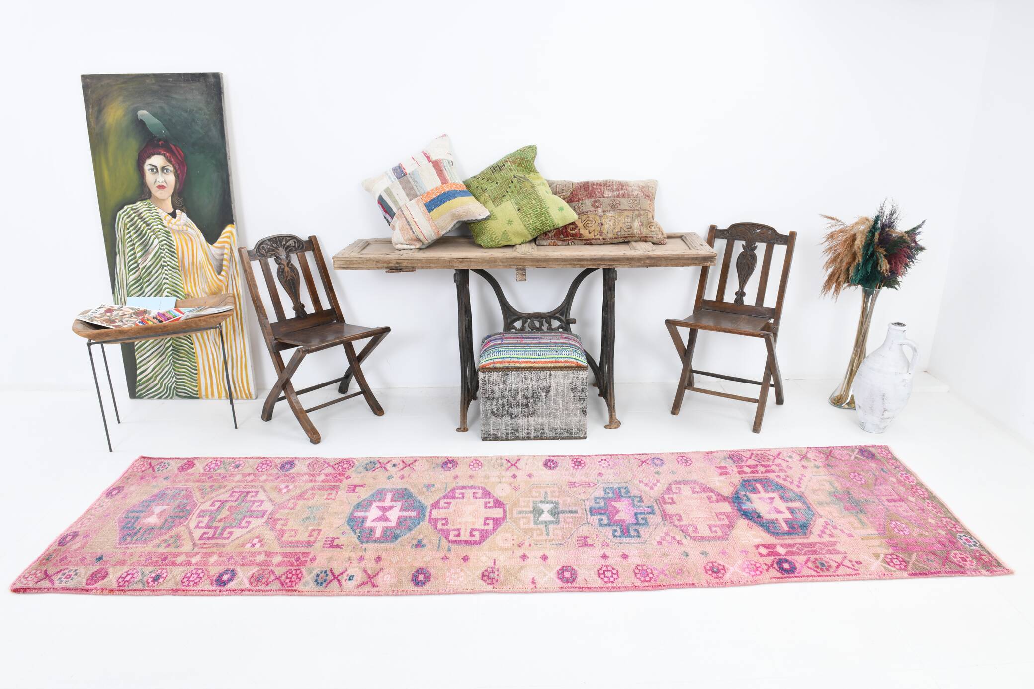 3x10 Rug For Hallway Pink Blue Vintage Runner Rug, 85x318Cm