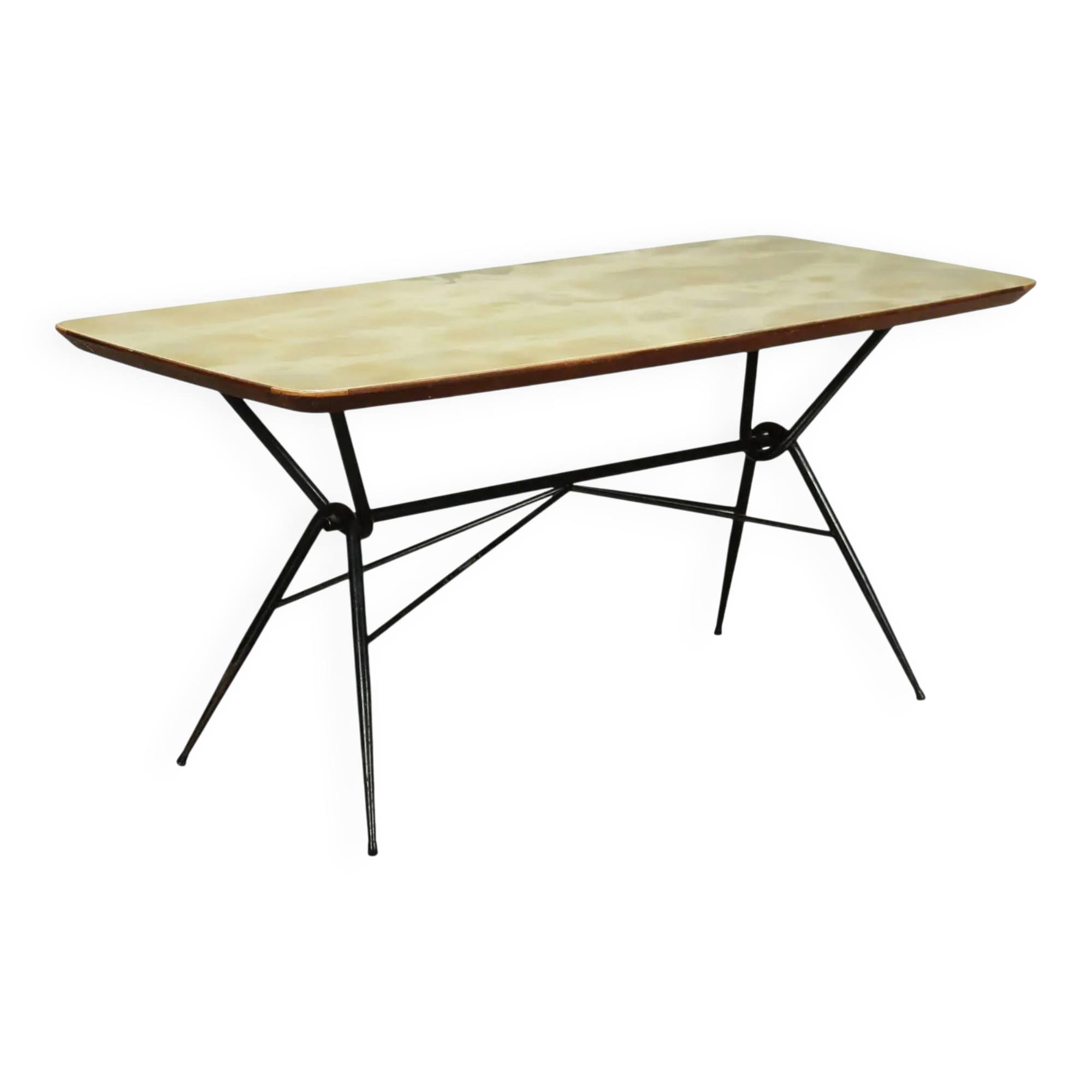 1960s vintage table made of wood and metal with a glass top, Italy.