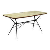 Table vintage des années 1960 en bois et métal avec plateau en verre, Italie