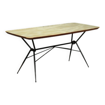 Table vintage des années 1960 en bois et métal avec plateau en verre, Italie
