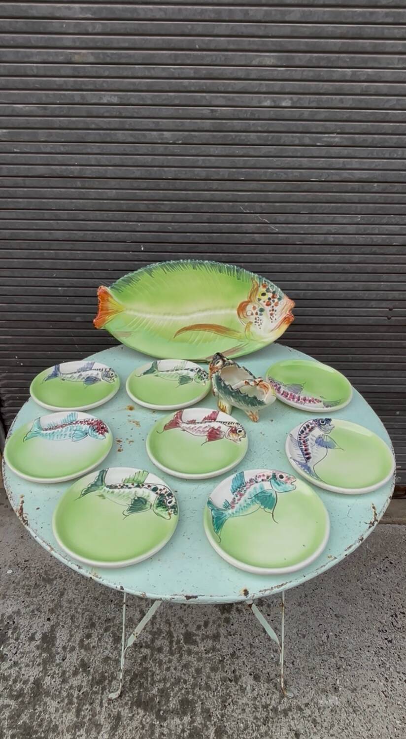 Vintage Vallauris ceramic dinnerware set. Fish design. 1960s
