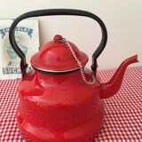 Red enameled metal teapot with chain