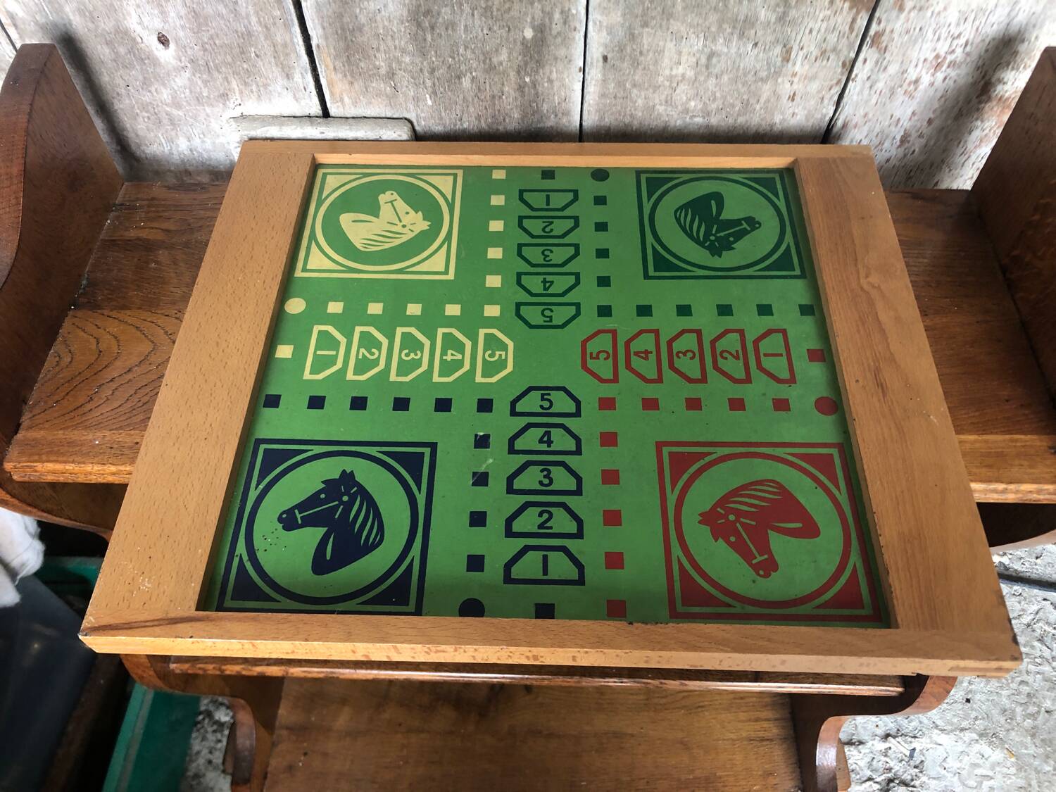 Old Vintage Wooden Double Game Board of Checkers & Small Horses #A782