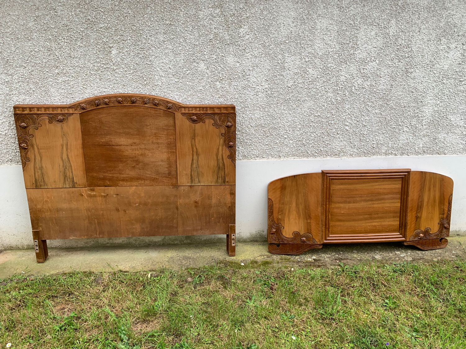 Carved wooden art deco headboard and footboard