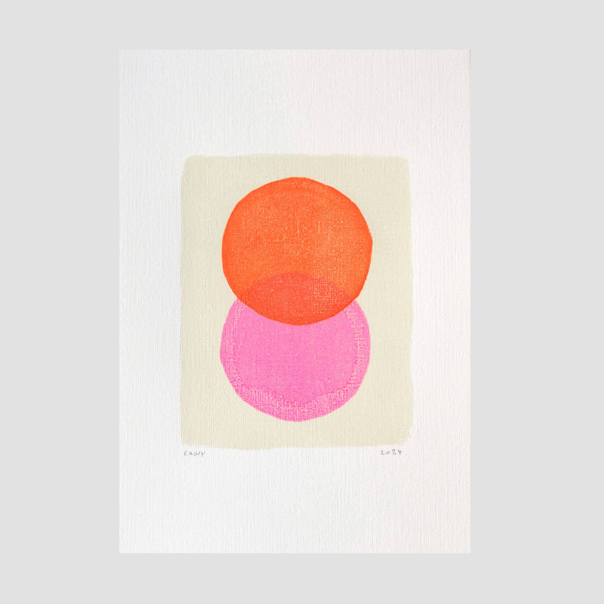 Abstract painting on paper - fluorescent pink and orange - signed eawy