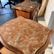 Pair of antique bedside tables with marble top and ceramic niche