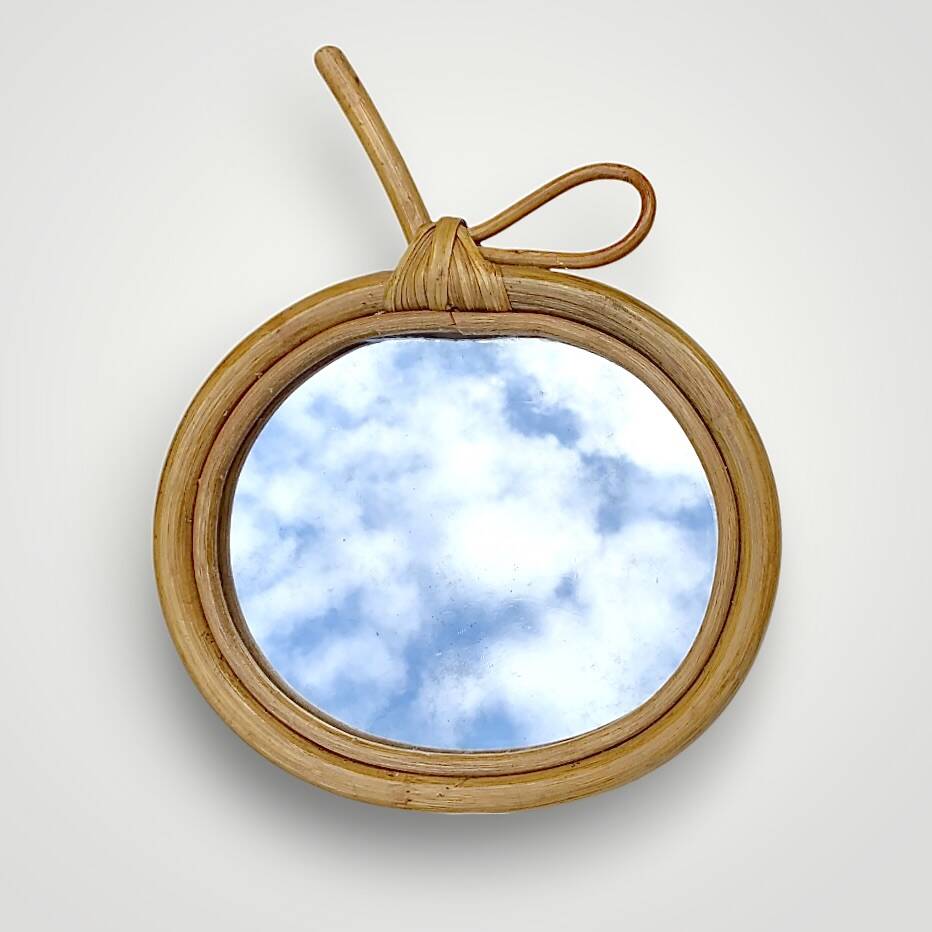 Vintage bamboo and rattan apple-shaped mirror - 1970s