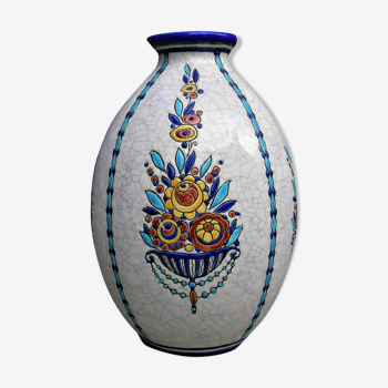 Vase Boch La Louvière à décor floral en faience craquelée