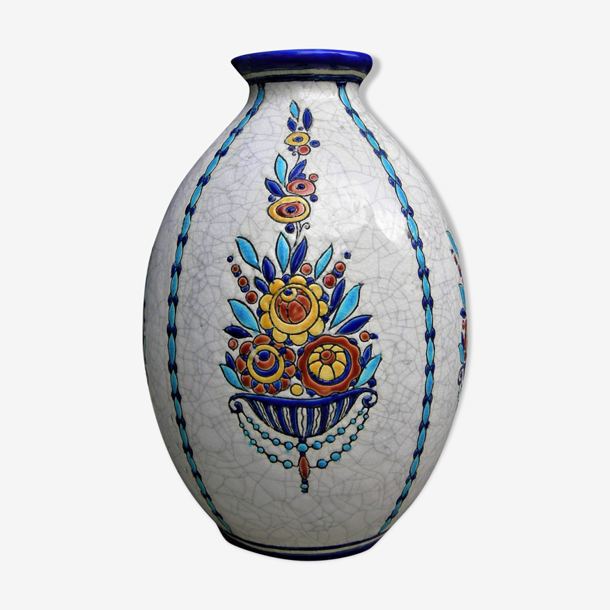 Vase Boch La Louvière à décor floral en faience craquelée | Selency