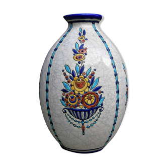 Vase Boch La Louvière à décor floral en faience craquelée