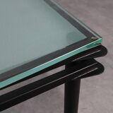 Modernist Dining Table with Black Metal Base and Glass Top, Belgium 1980s