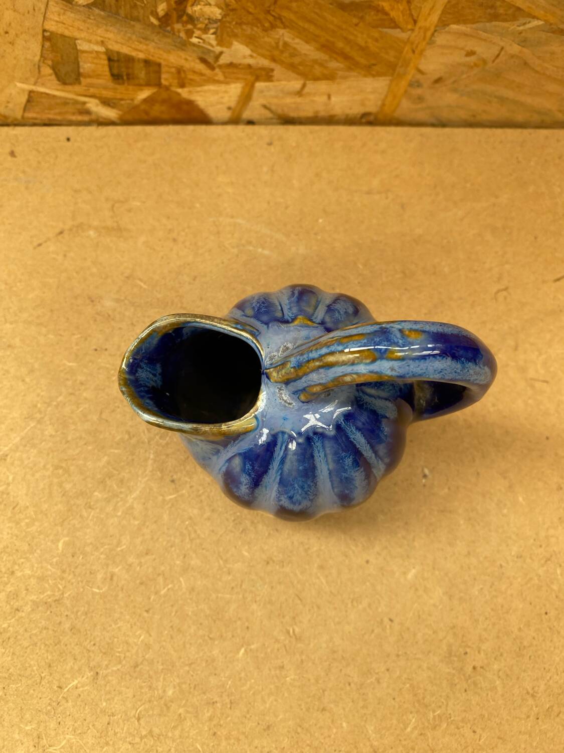 Antique alphonse mouton melon pitcher flamed ceramic blue vintage