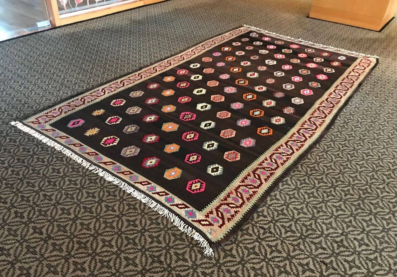 Old Black Anatolian Oushak Kilim Rug