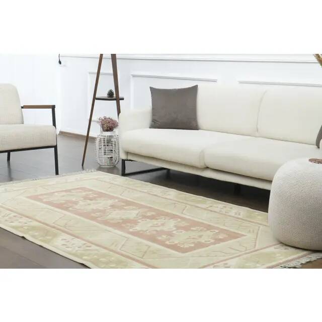 1970s Vintage Turkish Oushak Handmade Wool Cotton Beige Area Rug 153x260