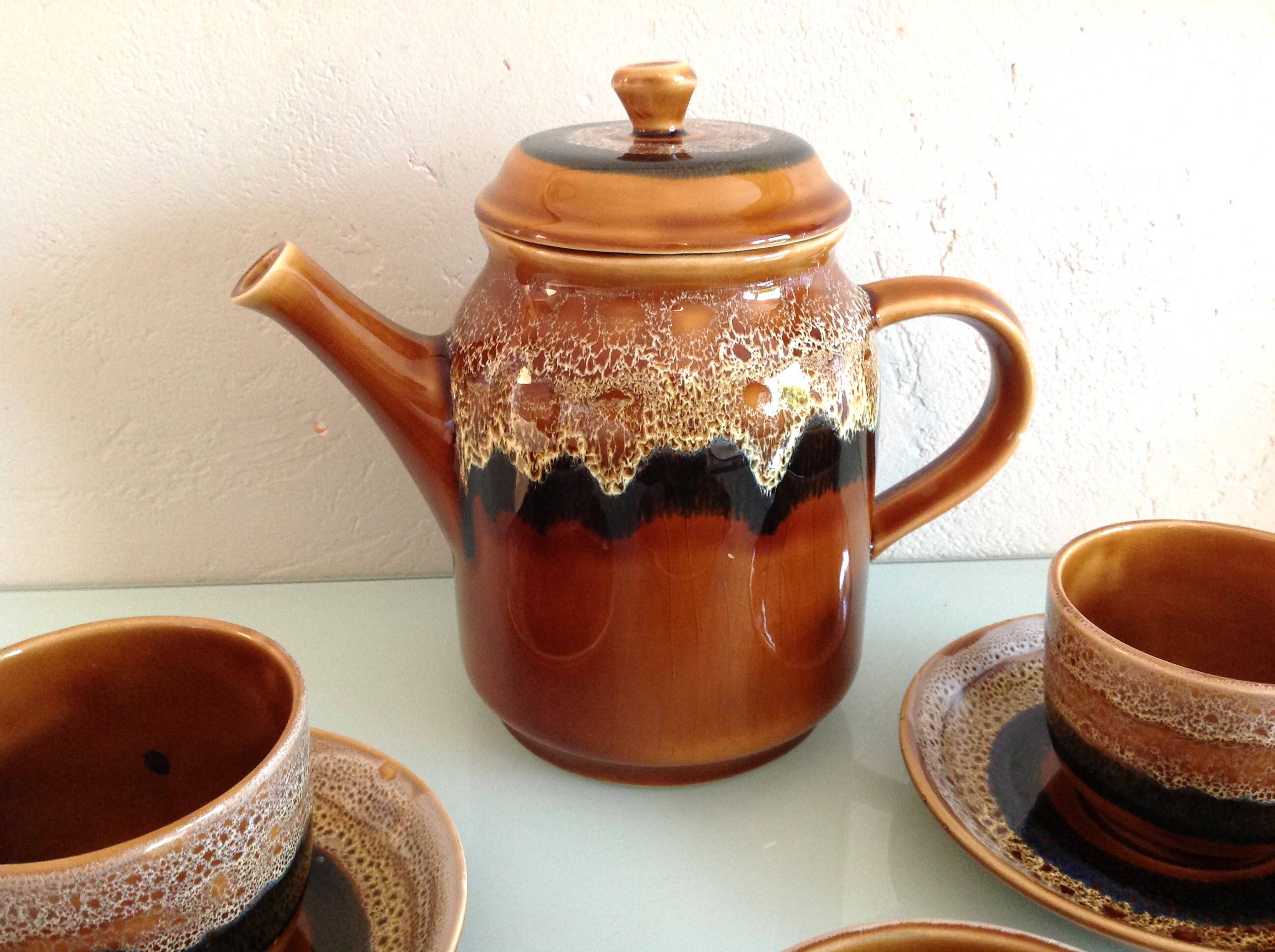 Hawaiian decor coffee service from the Sarreguemines faience factories / vintage 60s-70s