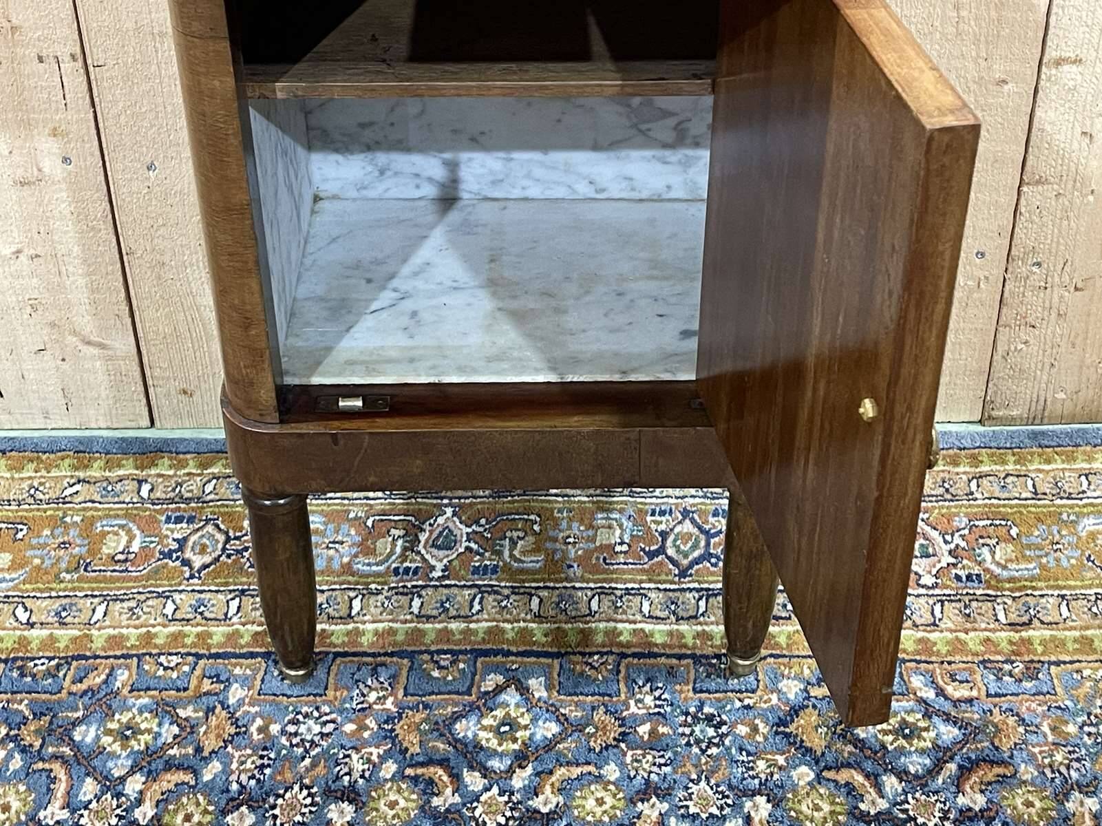 Bedside table in marquetry and white marble top, early 20th century