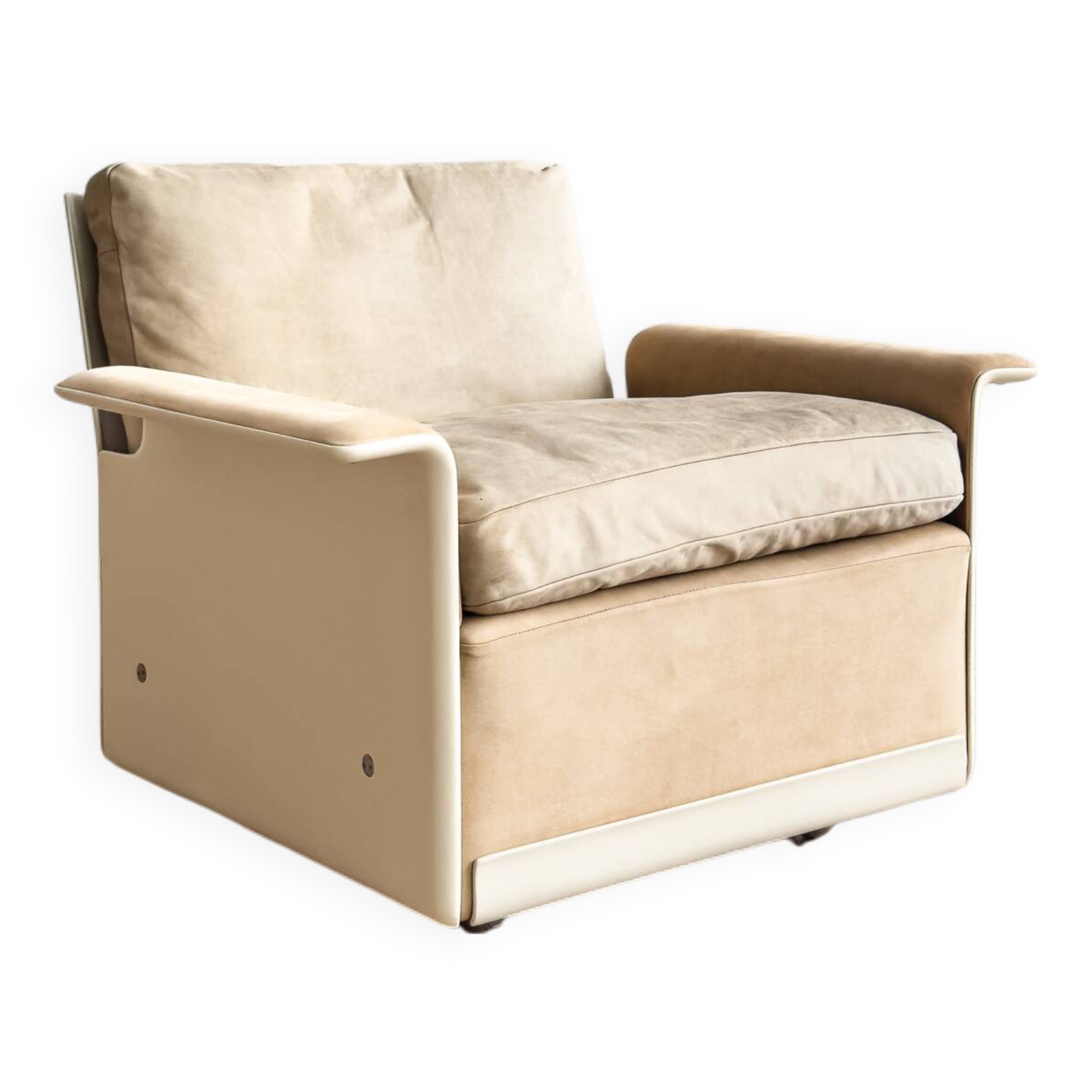 Fauteuil design 620 en cuir suédé beige par Dieter Rams, Vitsœ, Mid-Century