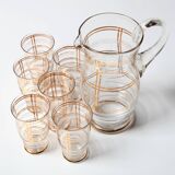 Mid-Century Italian Glass Pitcher & Six Glasses with Golden Details / Italy
