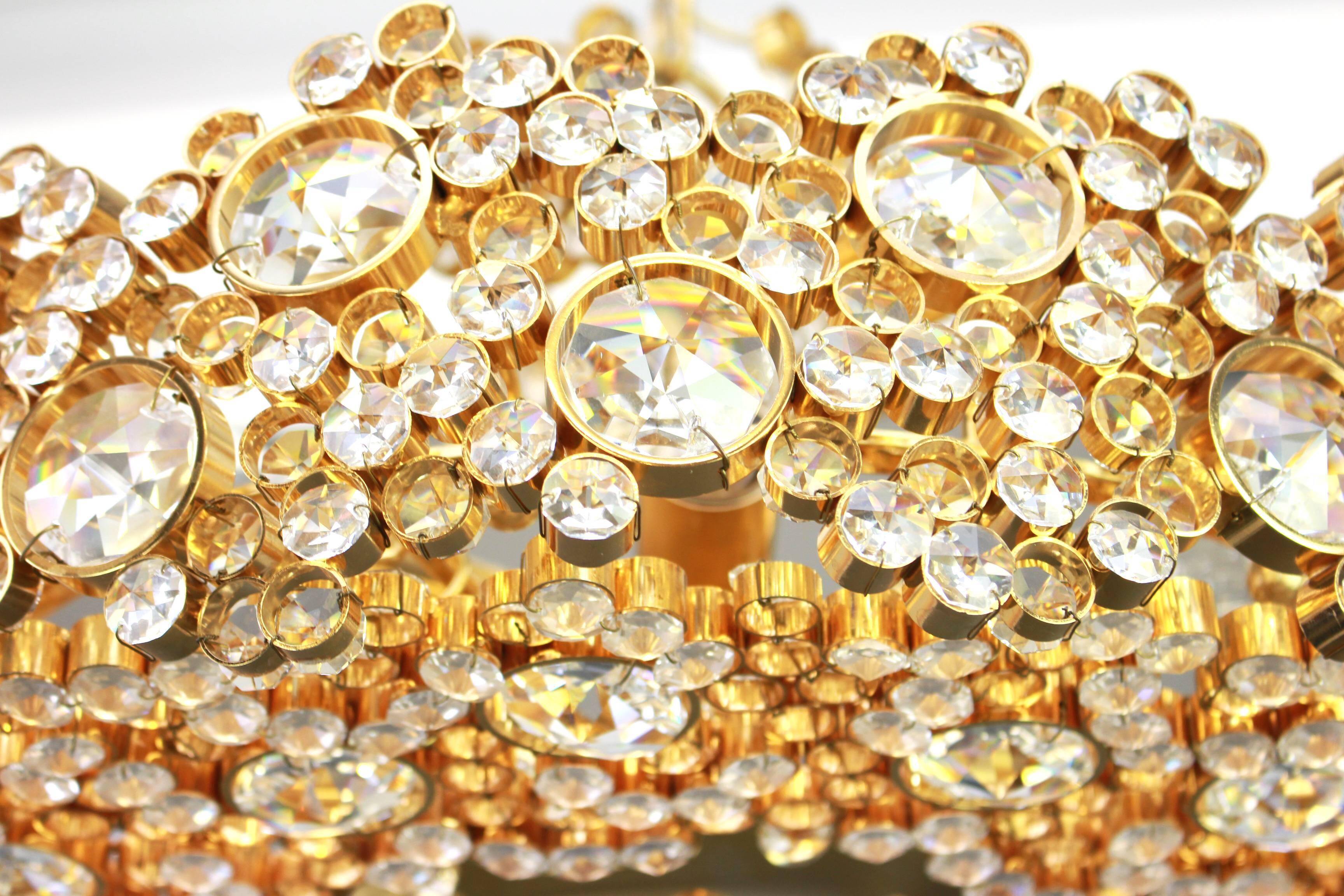 Golden brass chandelier with crystal glass inlays by Palwa, Germany, 1970s.