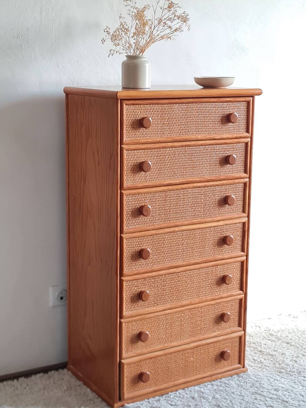 Vintage wicker chest of drawers.