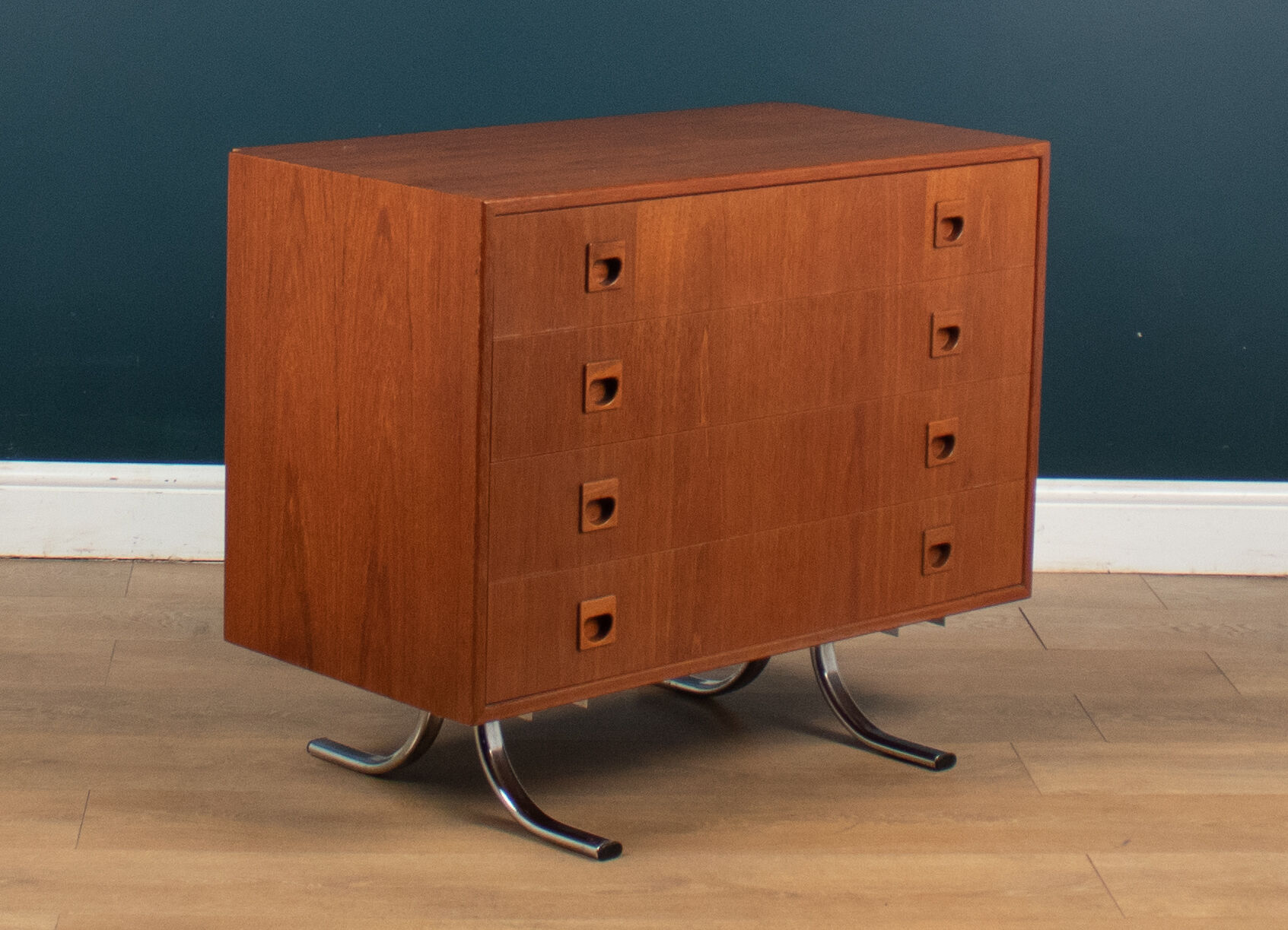 Retro teak 1960s danish chest of drawers on metal legs