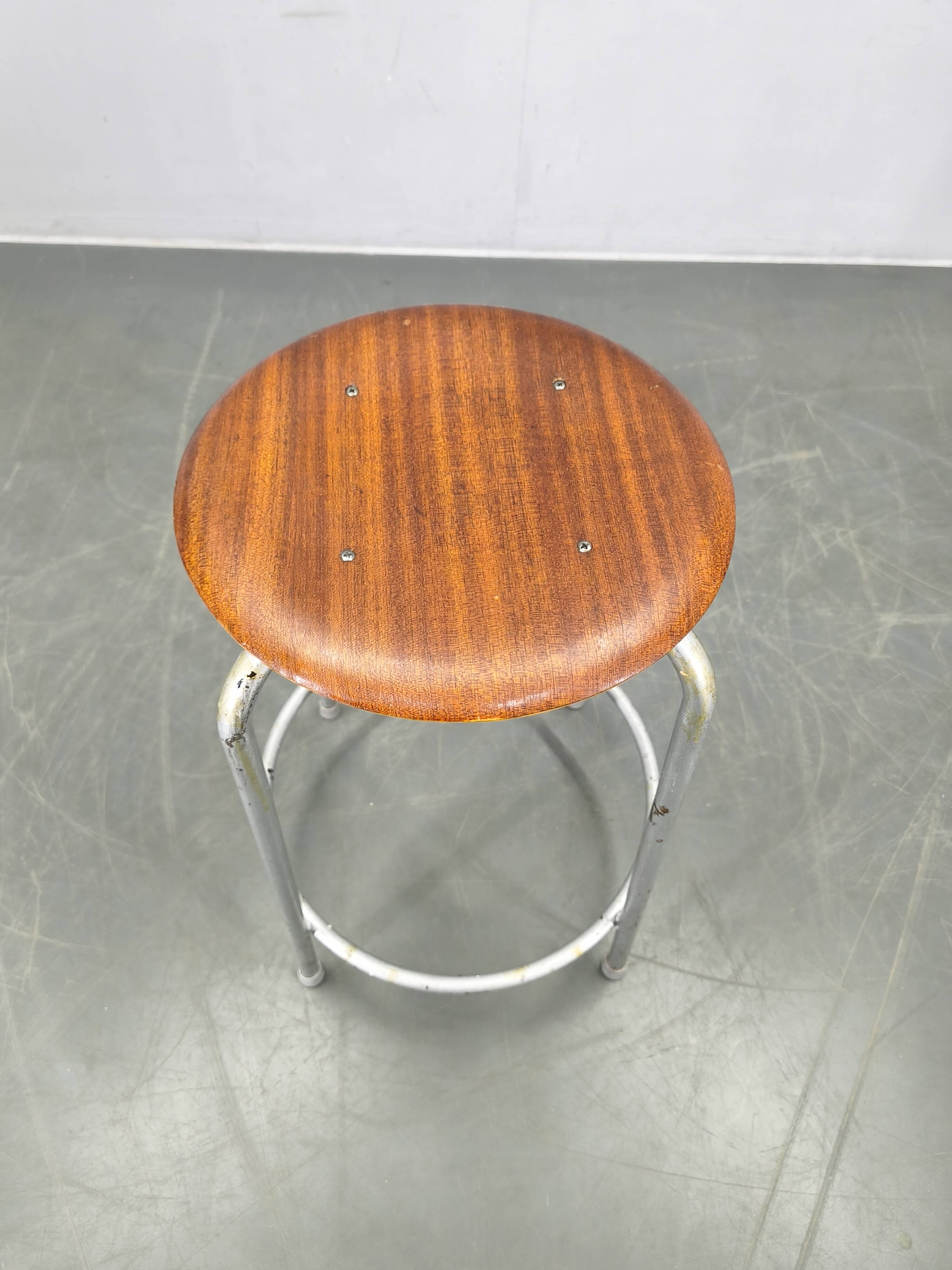 1950s German Industrial Stool with Plywood Seat