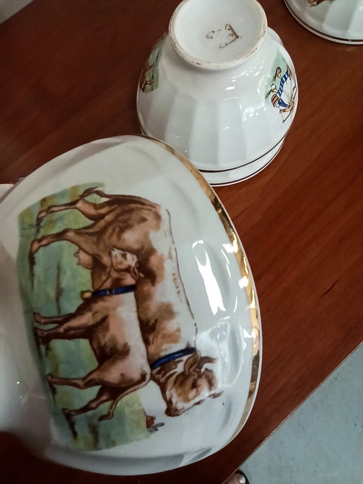 Set 6 bowls cow creamer semi porcelain old