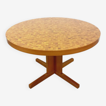 Table à manger ronde vintage des années 60 70 en mosaïque de bois massif teck et noyer avec rallonge