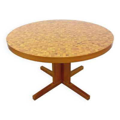 Table à manger ronde vintage des années 60 70 en mosaïque de bois massif teck et noyer avec rallonge