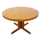 Vintage round dining table from the 60s 70s in solid wood mosaic teak and walnut with extension