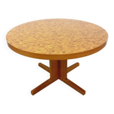 Vintage round dining table from the 60s 70s in solid wood mosaic teak and walnut with extension