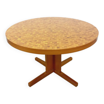 Table à manger ronde vintage des années 60 70 en mosaïque de bois massif teck et noyer avec rallonge