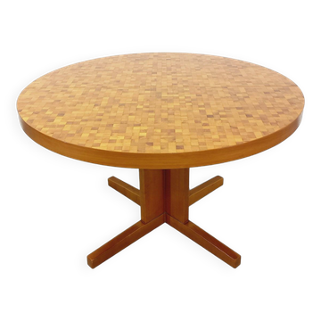 Table à manger ronde vintage des années 60 70 en mosaïque de bois massif teck et noyer avec rallonge