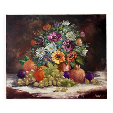 Old painting, still life of flowers and fruits.