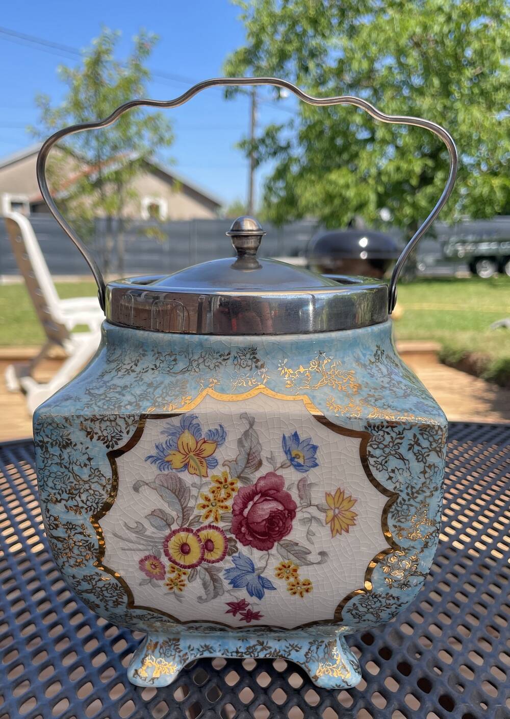 ENGLISH PORCELAIN BISCUIT BARREL ALICE BLUE AT TEA TIME DELICACIES
