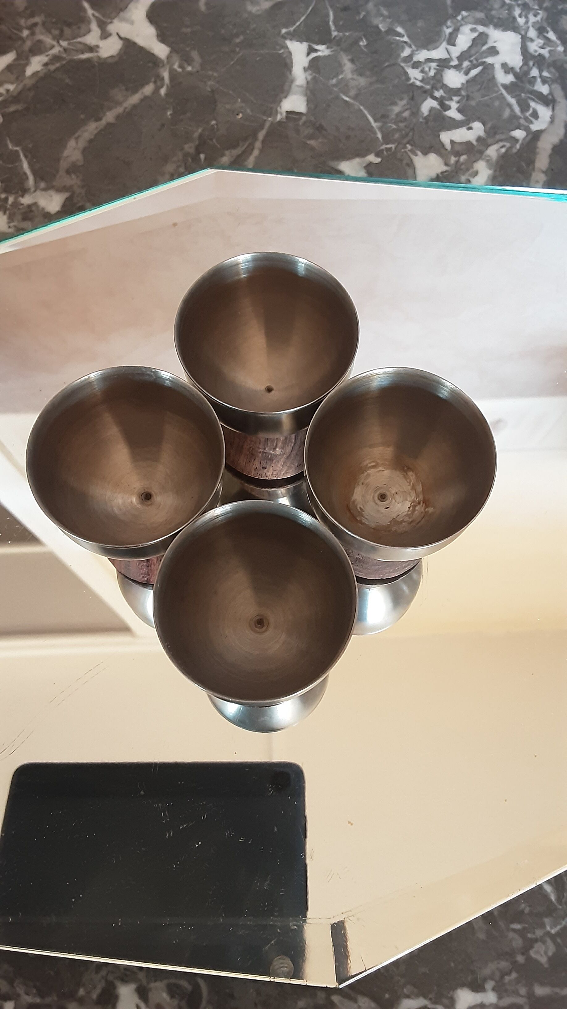 Polished stainless steel coquetiers - wooden feet